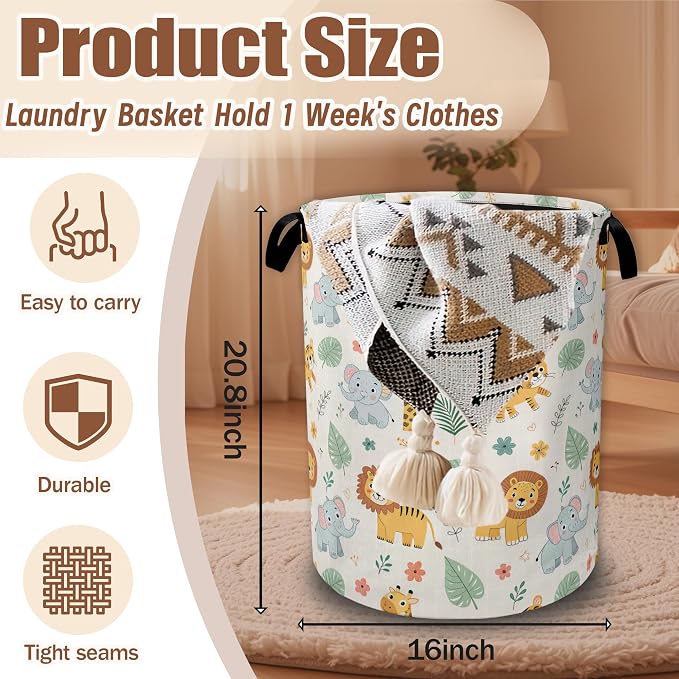Cute Jungle Animals Cartoon Laundry Basket,Waterproof Foldable Laundry Hamper,Dirty Clothes Laundry Basket,Linen Bin Storage Organizer Collection 16" x 20.8"
