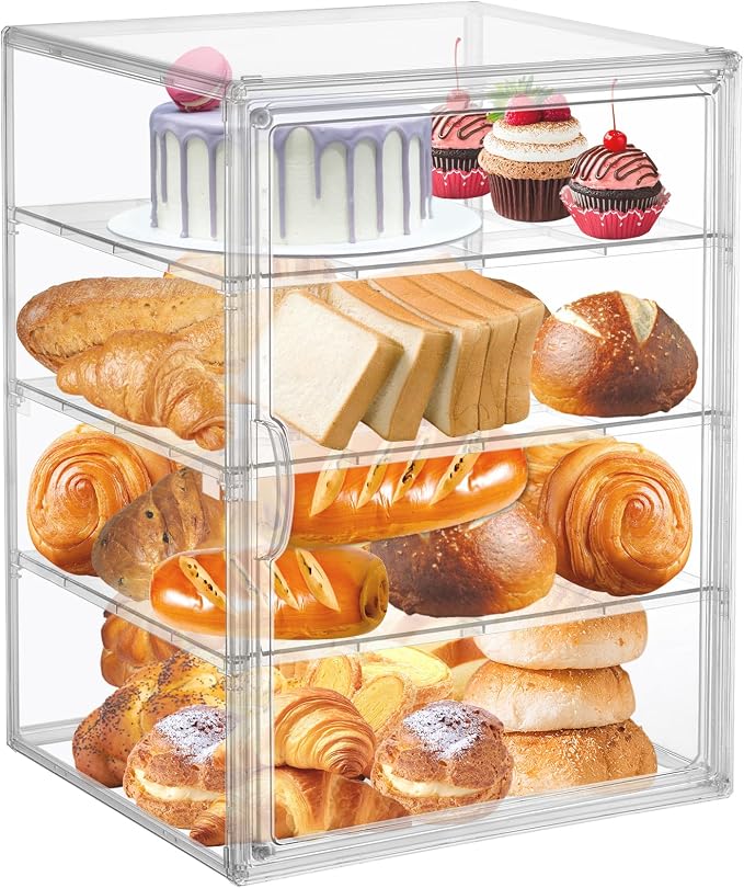 YEXEXINM 4 Layers Adjustable Clear Bread Storage Box for Kitchen Countertop,Large Bread Storage Container, 4 Layers Acrylic Pastry Display Case, Clear Boxes Bread Holder for Bread, Bagel, Muffins