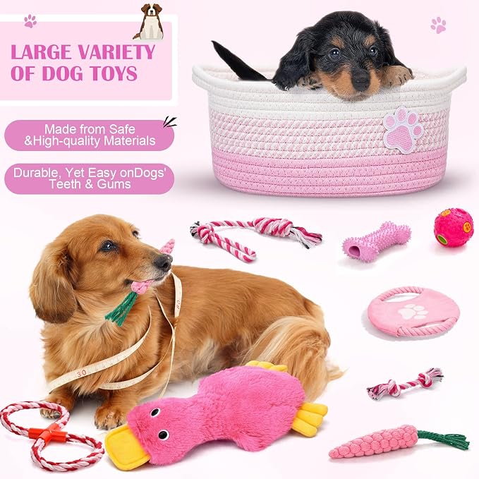 Zopeal Dog Toy Gift Basket Set for Puppy Birthday, Pink