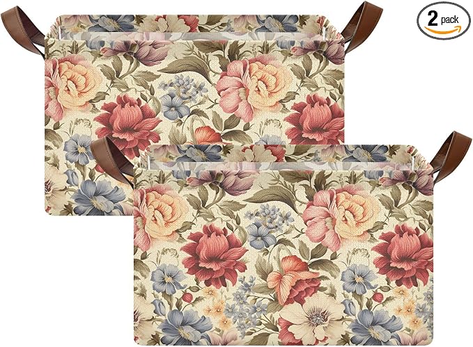 Vintage Peony Flower Retro Floral Storage Basket Foldable Cube Storage Bins with Handles&Label Collapsible Organizer Box Bin Rectangle Decorative Baskets for Shelves Home Living Room Closet, 2 Pack
