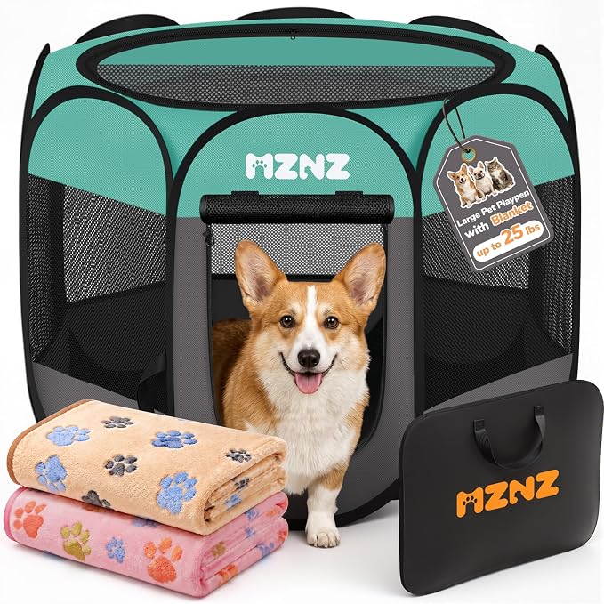 Dog Cat Small Animal Puppy Playpen Crate with 2 Blankets, Medium, Blue | Portable Pop Up Pet Cage Enclosure Tent Kennel Indoor Outdoor with Carrying Case, No Assembly, Camping Use