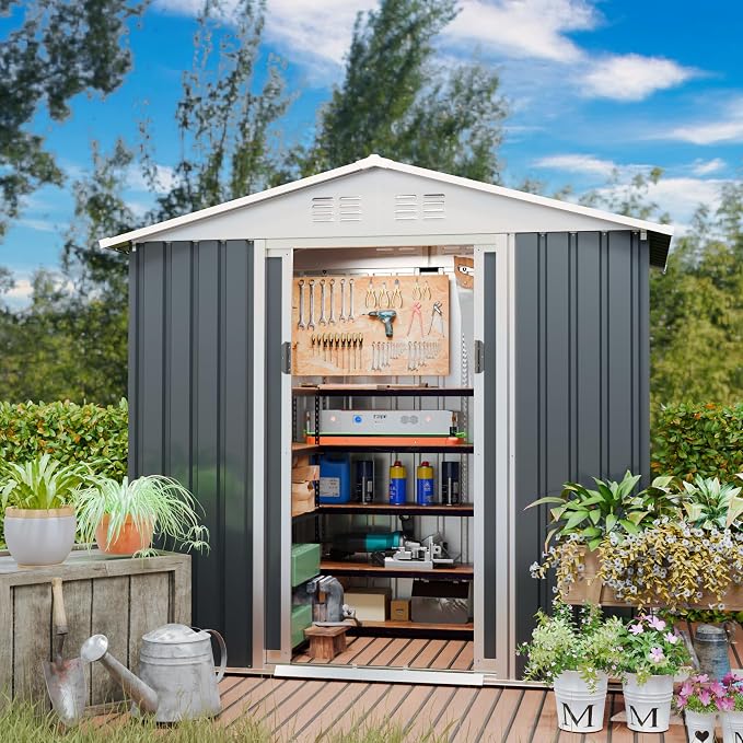6FT x 4FT Outdoor Sheds Storage Anti-Corrosion Utility Tool House with Lockable Door & Shutter Vents Outdoor Waterproof Garden Tool Metal Storage Sheds（with Metal Foundation）