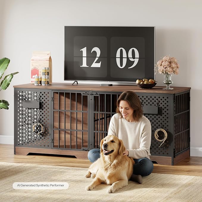 HOOBRO 71" Dog Crate Furniture for 2 Large Dogs, Heavy Duty Indoor Kennel with Removable Divider & Name Tags, TV Stand Cage Furniture for Medium & Large Dogs, Walnut & Black BH84GW03
