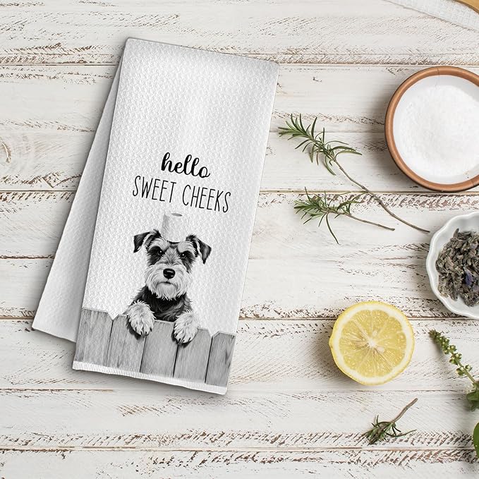 Farmhouse Funny Schnauzer Dog Hand Towels, Hello Sweet Cheeks Bathroom Decor, Schnauzer Lover Gifts Decorative Hand Towels for Bathroom Washroom Restroom, 16x24 Inch