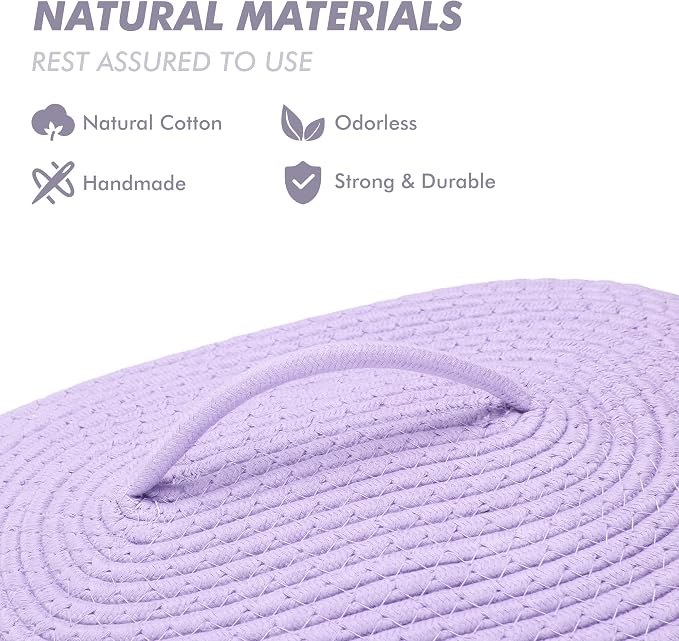 Sea Team Oval Storage Basket, Woven Cotton Rope Basket with Lid, Lavender | Decorative Knitted Storage Bin, Multi-Purpose Lidded Organizer for Closet Shelves, Nursery and Household Storage