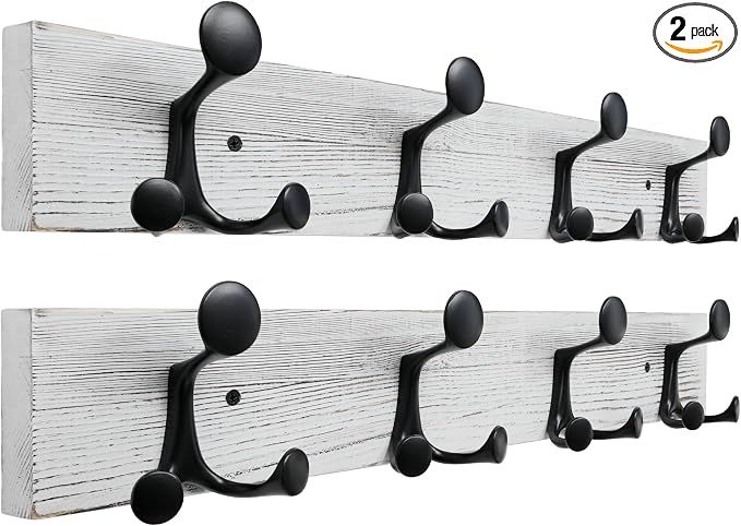 SKOLOO 24-Inch Wood Coat Rack Wall Mount with 4 Triple Hooks - Ideal for Family Entrances, Classrooms, and Pet Supplies Storage - Perfect Coat Hooks for Wall,Distressed White Wash, Pack of 2