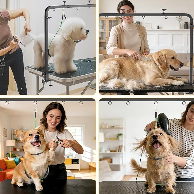 Dog Grooming Table Arm - Adjustable Height & Width, Heavy Duty Dog Grooming Station with 4-Piece Scissors Comb Set, Includes Adjustable Hammock & 2 No-Sit Haunch Holders for Dogs & Cats