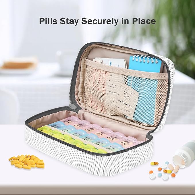 Lexeeco Travel Pill Case for Purse with Weekly Pill Organizer Holder 7 Day | Cute Am Pm Pill Box 7 Day ,Travel Medicine Organizer Pill Container Holder for Vitamins,Fish Oils,Medication,Medical Supplies
