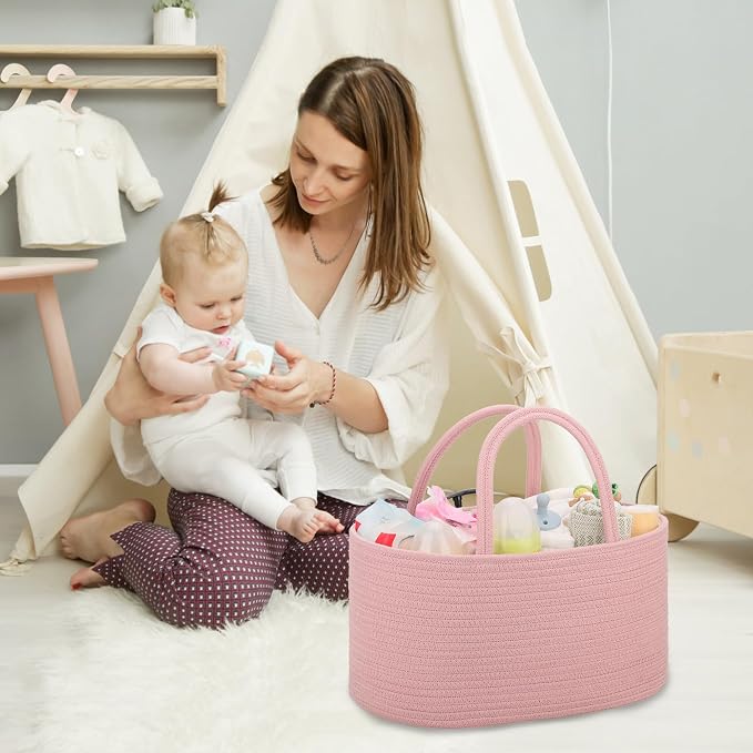 COMSE Large Cotton Rope Baby Diaper Caddy Organizer for Girls, Dusty Pink