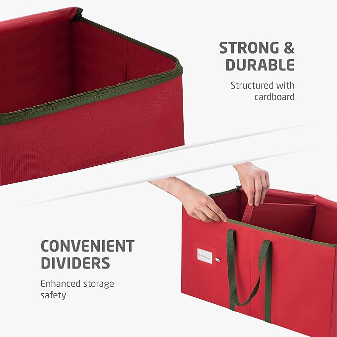 ZOBER Large Christmas Ornament Storage Box - Stores 54 4" Large Ornaments, With Dividers - Ornament Organizer Storage Box, Durable Christmas Containers Holder, Dual Zipper - Red