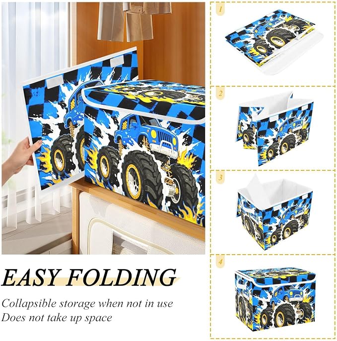 Fabric Storage Bins with Lid Monster Truck Closet Storage Basket 40L | Decorative Storage Boxes, Foldable & Stackable, Dust-Proof Flip Top, Reinforced Handles, For Home & Dorm, Clothes & Toy Box