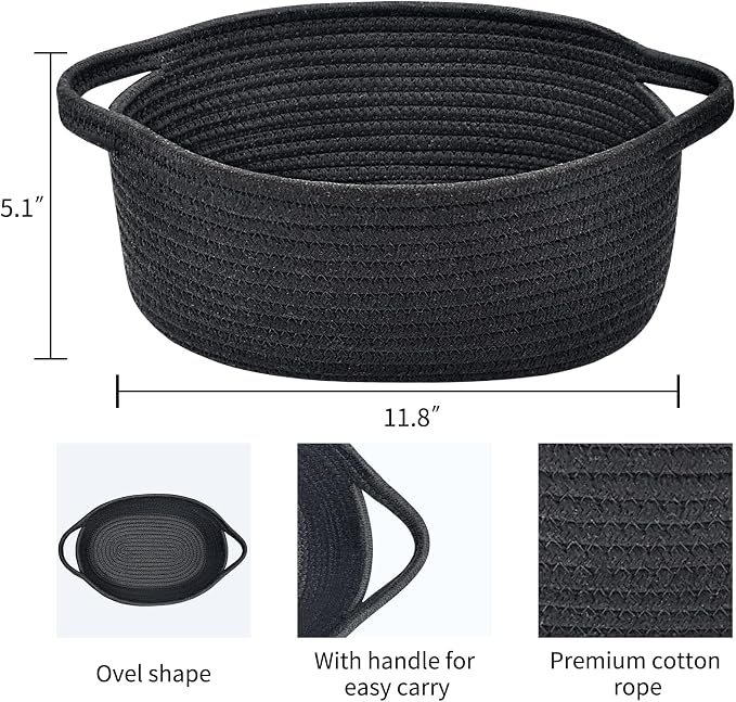 ABenkle Small Basket with Handles, Boho Decorative Rope Woven Dog Cat Toy Storage Bin Shelf Storage Organizer, Easter Christmas Gift Basket, 12"x8"x5", Black