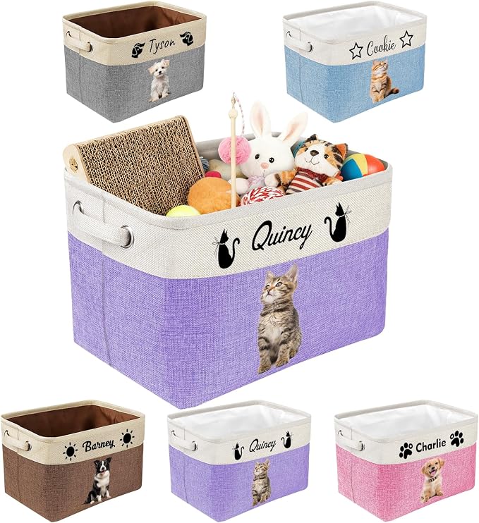 Personalized Dog Toy Storage Basket with Photo Name | Custom Dog Food Organizer Fabric Bins for Clothes Blankets Dolls-Purple