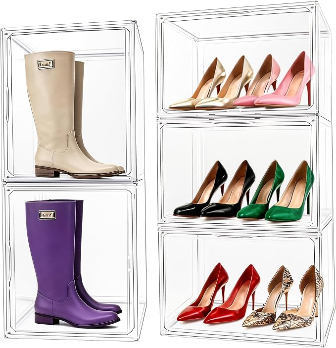 XXX-Large Tall Boot Organizer 3 Pack, 17.3x13x13'' Acrylic Display Case | Wide Magnetic Door,Crystal Clear,Stackable Extra Large Dustproof Showcase for Cowboy Boots,Helmet,Hangbags,Tote,Collectibles