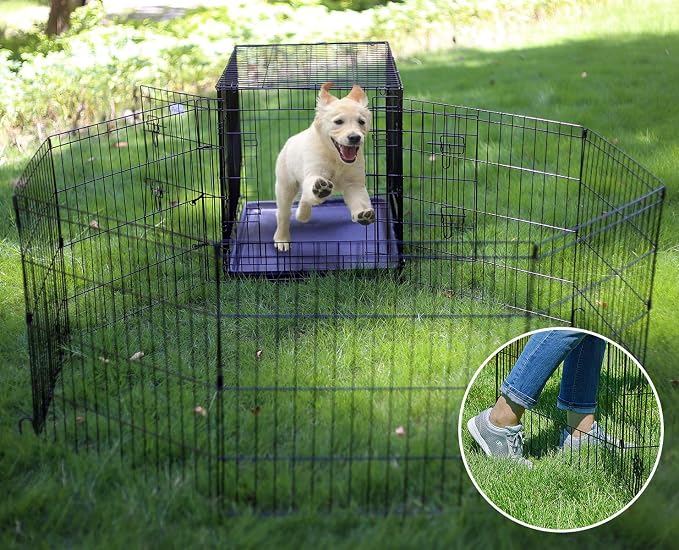 Puppy Pet Playpen 8 Panel 24 Inch Indoor Outdoor Metal Portable Folding Animal Exercise Dog Fence Ideal for Pet Animals Dog Cat Rabbit Breed Puppy (24" x 24" x 8) | Eight 24"W x 24"H black rustproof metal panels with built-in door, foldable tool-free d...