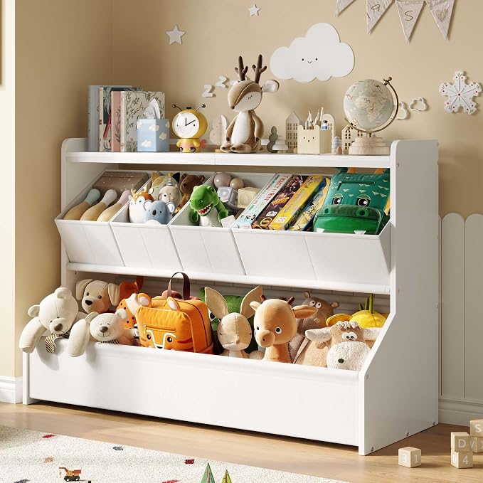 FOUCSSOMEI Extra Large Toy Storage Organizer for Kids, Wooden Toy Organizer and Storage with Bookshelf, 3 Removable Bins and Large Storage Bin, Toy Shelf for Playroom, White, Patent Design
