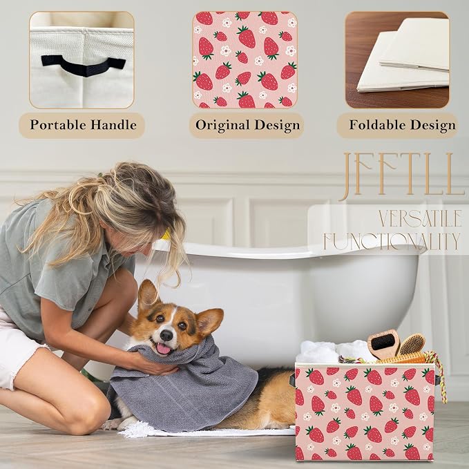 Pink Strawberry Storage Bins with Handles, Aesthetic, Preppy Cute Floral Strawberry Fruit Collapsible Laundry Basket Storage Box for Home Bedroom Bathroom Clothes Toys Books