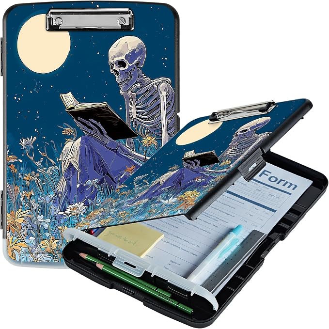 A4 Clipboard with Storage Pen Holder, Clipboards Organizer Nursing Clipboard Foldable File Folder Plastic Clipboard Folio Clip Board for Office Work Classroom Doctor, Book Skull Flower