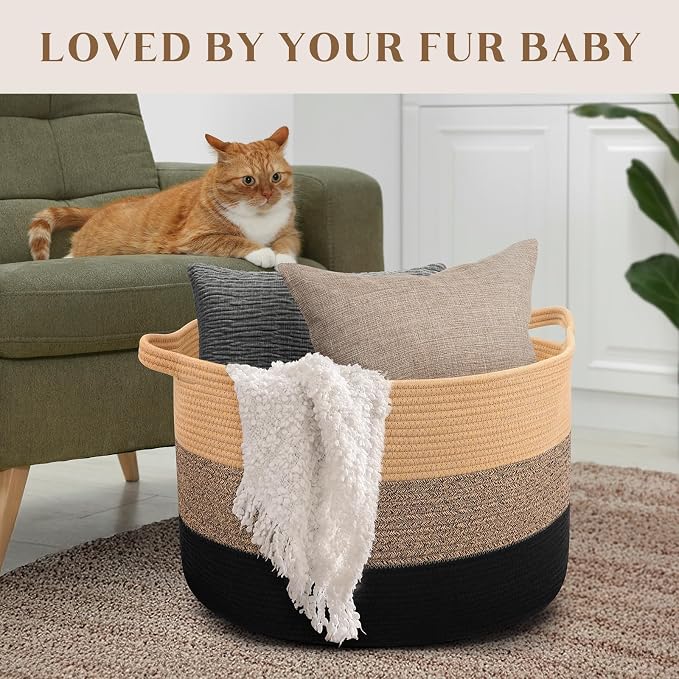Maliton Woven Rope Blanket Basket Living Room, Storage Basket for Toy, 90L | 22"x14" Cotton Rope Basket. Holds Blankets, Toys & Towels & Laundry. For Bedroom, Nursery, Bath & Playroom. Soft & Durable
