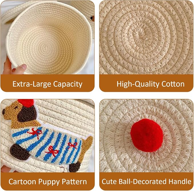 Cute Dog Cotton Rope Storage Basket with Lid, 10"×10"×9" Woven Storage Bin, Large Capacity Dustproof Toy Organizer, Decorative Laundry Hamper for Living Room, Nursery, Kids Room (Large)