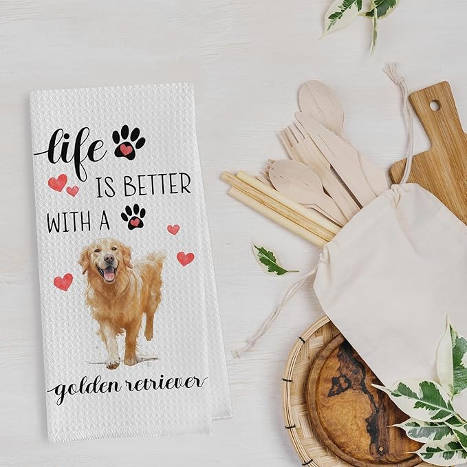 Gqtt Golden Retriever Dish Towels Set - Golden Retriever Gifts Waffle Weave Kitchen Towels, Decorative Hand Tea Towels for Kitchen Bathroom (1624 Inches Set of 2)