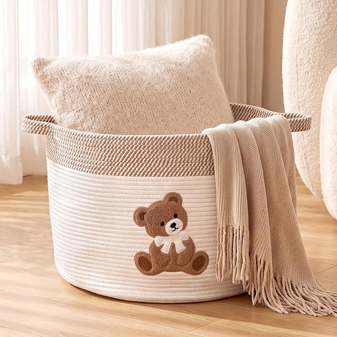 LemonRoad Extra Large Basket 20"x14", Woven Basket for Laundry Blanket Toy Box with Handle Storage, Blanket Storage for Living Room Nursery Pillows Chest(Cotton Rope,Bear,Brown White)