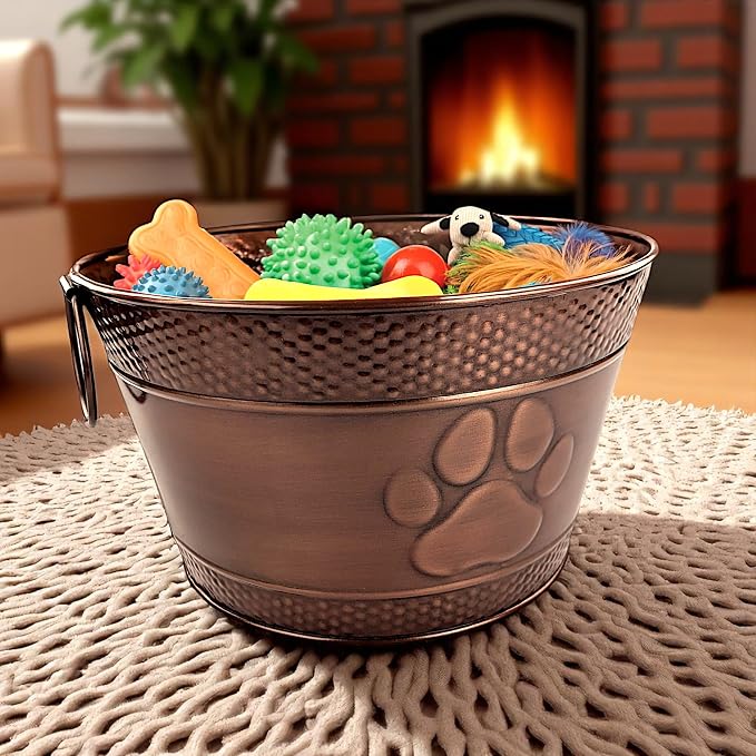 BREKX Metal Indestructible Dog Toy Bin - Chew-Proof Storage Bin | Copper Finish Farmhouse Organizer Storage Basket for Pet Toys, Blankets, Leashes with a Embossed Paw-Print