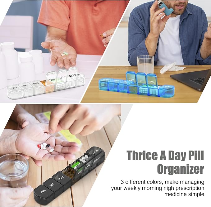 Extra Large Pill Organizer 3 Pack, XL Pill Box 7 Day, Weekly Pill Case with Large Capacity, Jumbo Organizer, BPA Free (Black+White+Blue)