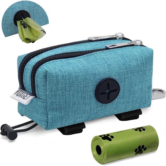 Dog Poop Bag Holder with Treat Pouch, 2 Zipper Pockets & Leash Clip | Waste Bag Dispenser with 1 Roll Poop Bags, Quick Access Treat Storage, Hands-Free Design for Dog Walking, Training & Travel