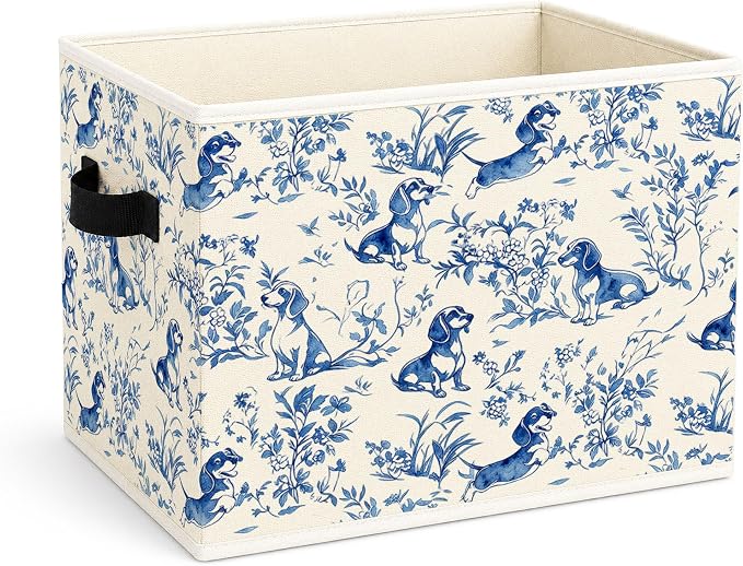 Blue Dachshund Storage Bin, Chinoiserie Toile Dog Fabric Basket Organizer | Foldable collapsible fabric organizer for nursery, bedroom, playroom, toys, books, clothes