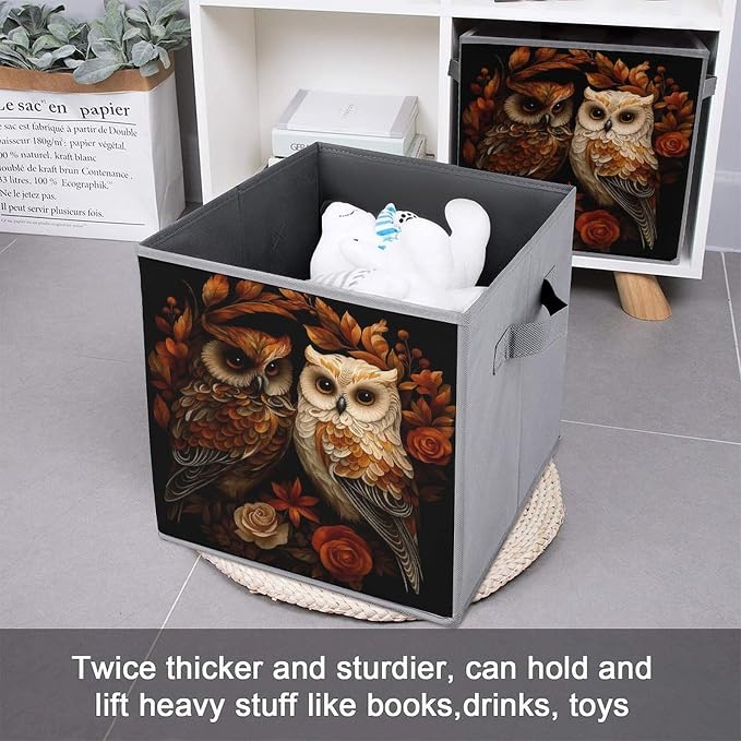 Owl Foldable Storage Bins, 10.6" Cube Storage Organizer, Sturdy Oxford Cloth Fabric Baskets for Closet, Shelf, Nursery, Bedroom, Decorative Printed Box for Toys & Clothes