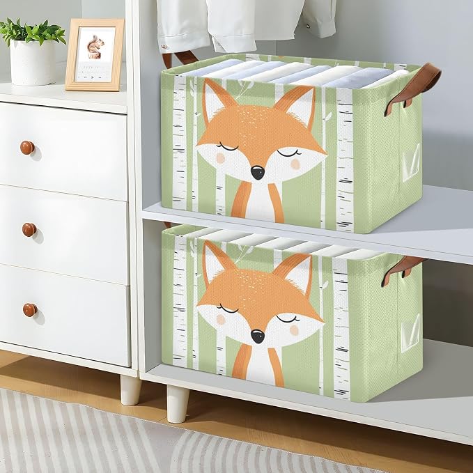 Woodland Cute Cartoon Fox Baby Storage Basket with Labels&Handles Forest Animal Fox Nursery Storage Bins Collapsible Shelf Organizer Baskets for Kids Books Cloth Gift Basket Toys Laundry
