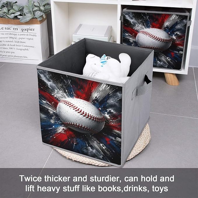 Baseball Explosion Art Design Storage Bin with Handles, Oxford Fabric Foldable Storage Cube Organizer for Clothes, Towels, Bedroom, Living Room, Home Organization