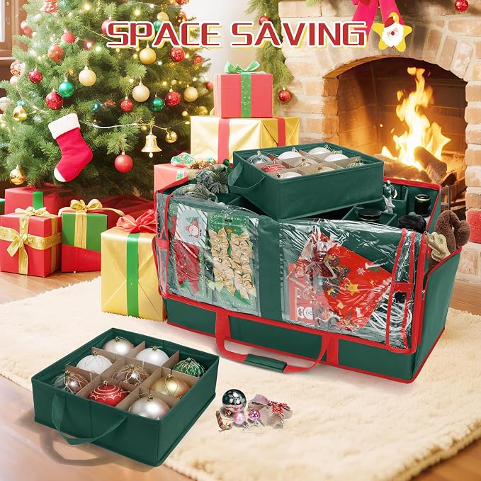 2-in-1 Christmas Ornament Storage Box Keeps 64-3"/36-4" Holiday Ornaments | Xmas Figurine Organizer Container,4 Separate Trays , Adjustable Extent Area for Figurines and Pockets for Holiday Décor