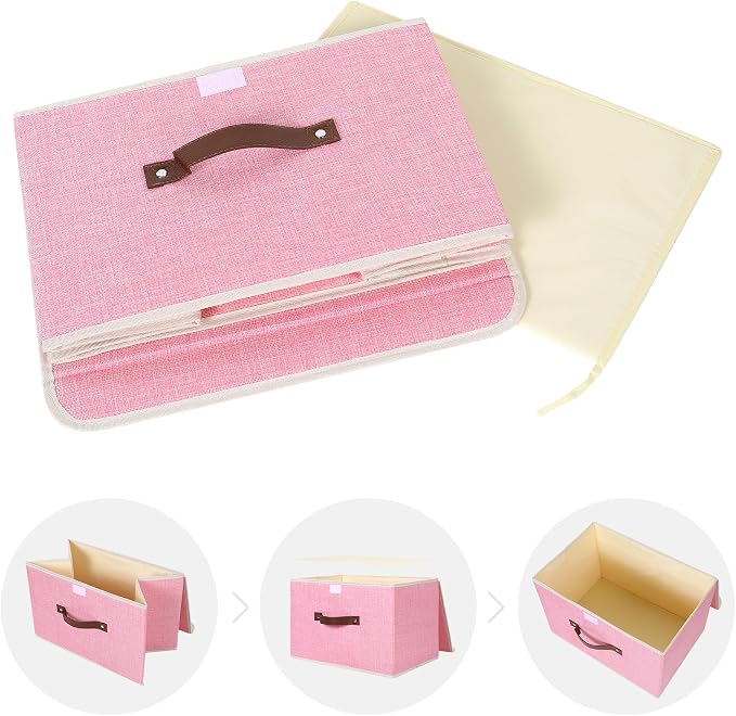 ANMINY Fabric Storage Box Bins with Lids, Pink, 15"x10"x10", 2 Pack | Keepsake Memory Storage, Cotton Linen, PP Board Reinforced, Washable, PU Handles, Foldable & Stackable, Decorative, Large