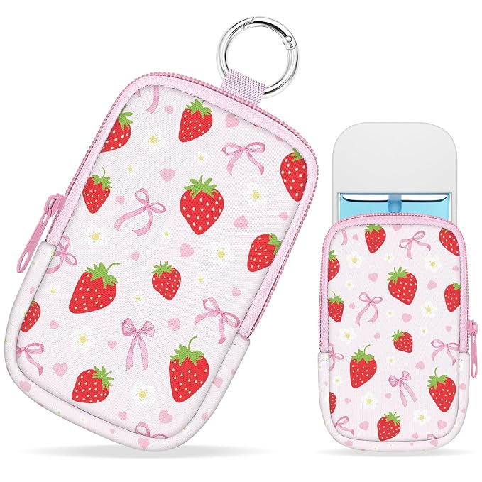 Hand Sanitizer Holder, Strawberry Bow Spray Case Zippered Pouch | Keychain, Travel Size, Cute Fashion Accessory with Snap Hook, for Glow Mist and Power Mist 1FL OZ, Mini Small Pocket Clip on