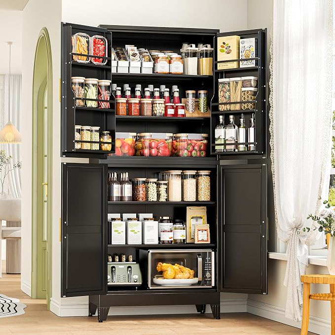GAIOUS 74.8" Tall Metal Food Cabinet, Black Kitchen Pantry Cabinet Cupboard | Food Storage, Kitchen Organizer, Storage Cabinet with 4 Door and 4 Adjustable Shelves, Steel Freestanding, for Dining Living