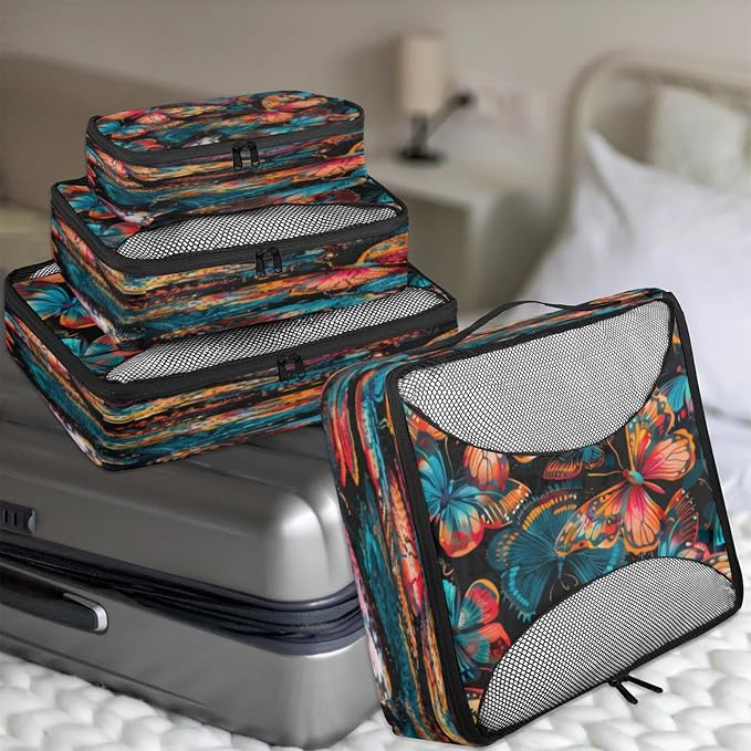 4 Set Packing Cubes for Travel, Butterfliesr Packing Cubes for Women, Travel Luggage Packing Organizers, Packing Cube Set, Colorful Butterfly
