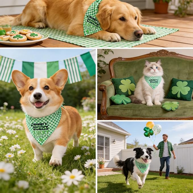 Dog Bandanas for St. Patricks Day 2-in-1 Daddy's/Mommy's Little Lucky Charm - Double-Sided Green Plaid, Pet Lucky Holiday Costumes Scarf with Snap Button, Large & Giant Breeds (75lbs+)