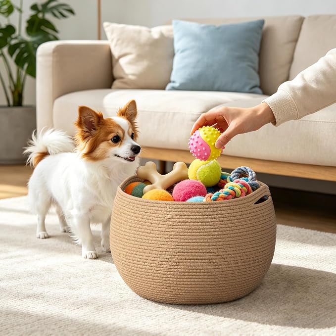 Goodpick Large Toy Storage Basket for Kids, Round, 15.7" x 10.5", Camel | Woven Rope Basket with Handles, Holds Blankets, Toys & Baby Shower, Decorative Basket for Living Room & Bedroom Décor