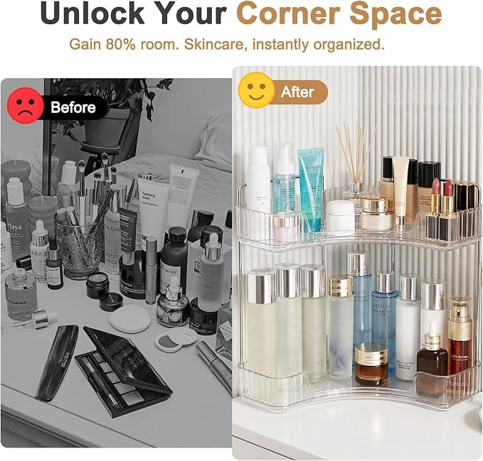 Corner Bathroom Counter Organizer, Vanity Organizer - Countertop Corner Shelf for Makeup Storage,Spice Racks for Kitchen Corner (Clear, 2-Tier)