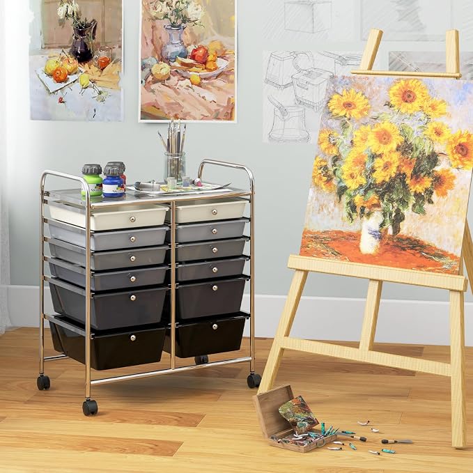 12 Drawer Rolling Storage Cart, Art Cart Organizer on Wheels, Mobile Utility Cart with Drawers, Multipurpose Craft Drawers for Home Office School Classroom (Mixed Black)