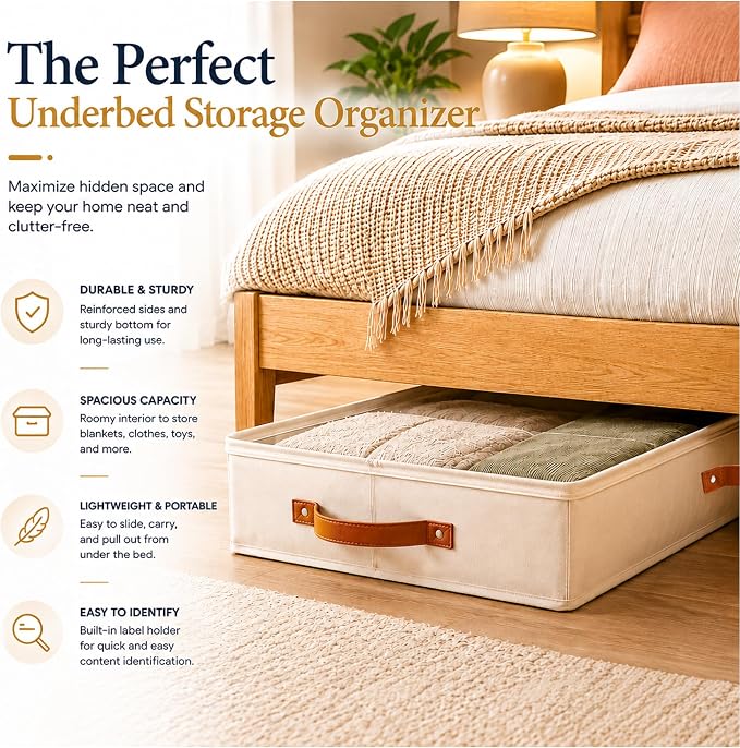 HOMELUX THEORY Under Bed Storage, Medium 2pc with Lid, Ivory | Drawer-style pull-out design, Fits blankets, clothes, fabric & shoes, Bins with lids, Bedroom & closet storage