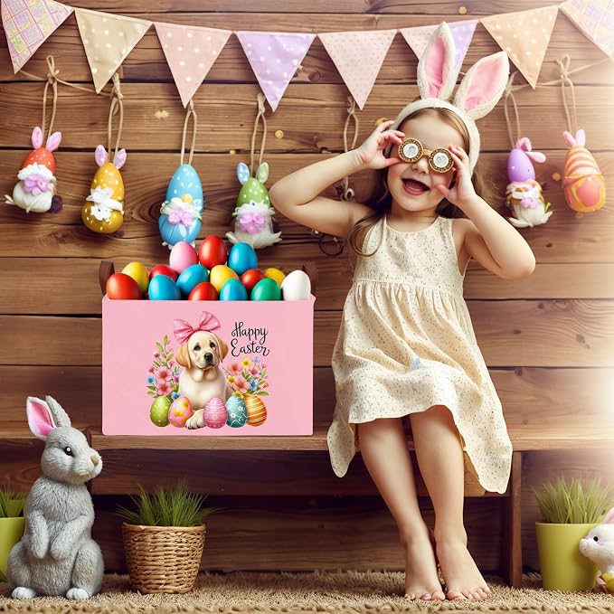 Large Cute Easter Basket for Kid Empty Gift Baby Rectangle Storage Bin Bunny Eggs Boy＆Girl Room Décor (Pink Dog)