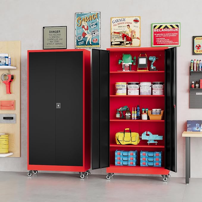 75" Tall Metal Storage Cabinet with Wheels,Rolling Garage Storage Cabinet with Lock,Red Metal Cabinets on Wheels,Locking Tool Cabinets on Wheel for Garage,Home,Office,Shop