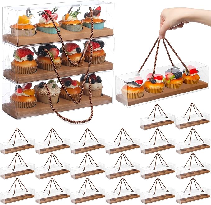 Thenshop 24 Pcs Mother's Day Cupcake Boxes Mother's Day Treat Boxes Clear Cupcake Box with Handle 4 Bakery Cake Box Rectangular Cake Containers for Donuts Pastries Best Mom Gift(Brown)