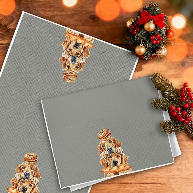 Funny Golden Retriever Kitchen Towels, Golden Retriever Lovers Gifts Dish Tea Towels, Cute Baking Chef Dog Bagel Baguette Decorative Hand Towel for Kitchen Bakery, 16x24 Inch