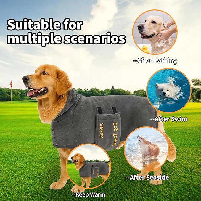 Dog Towel Dog Bathrobe, Microfiber Super Absorbent Pet, Quick Drying Robe for After Bath, Adjustable Collar & Belly Strap Pet Cat Bath Robe Towel Grey-XL