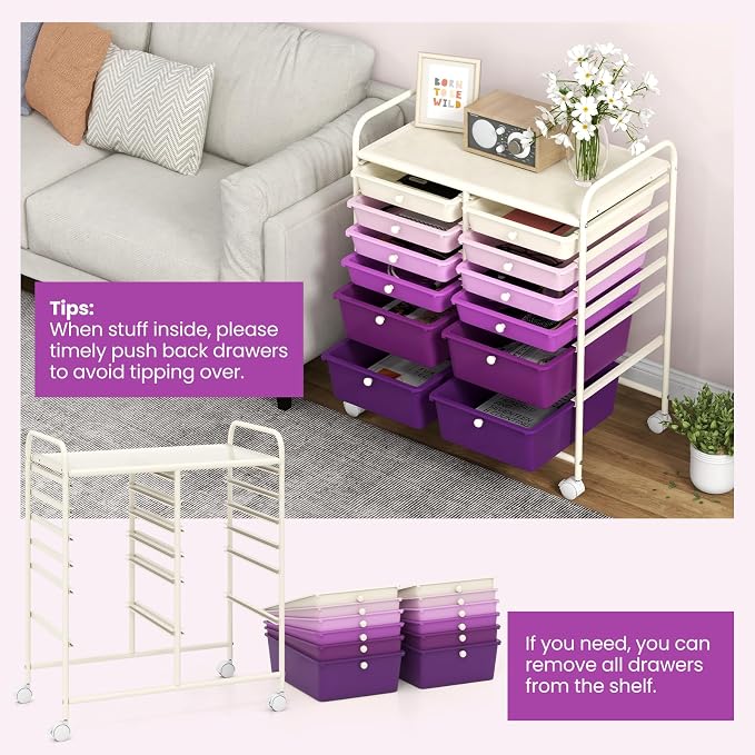 12 Drawer Rolling Storage Cart, Art Cart Organizer on Wheels, Mobile Utility Cart with Drawers, Multipurpose Craft Drawers for Home Office School Classroom (Gradient Purple)