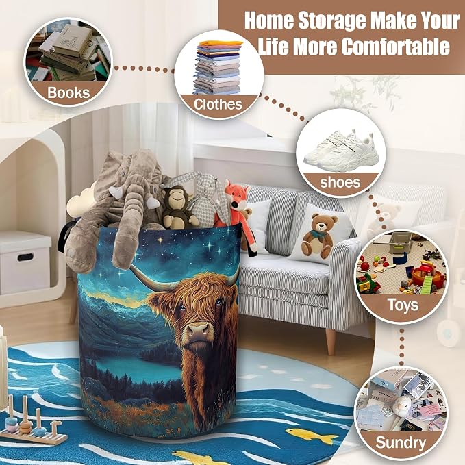 Highland Cow Laundry Baskets,Starry Night Laundry Hamper,Storage Basket with Handles for Bathroom Bedroom College Dormitory Living Room Nursery Organizer 16"x20.8"